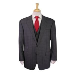 Hickey Freeman Custom Gray Plaid Plaid 3-Piece Wool Suit Recent 2-Btn 44R